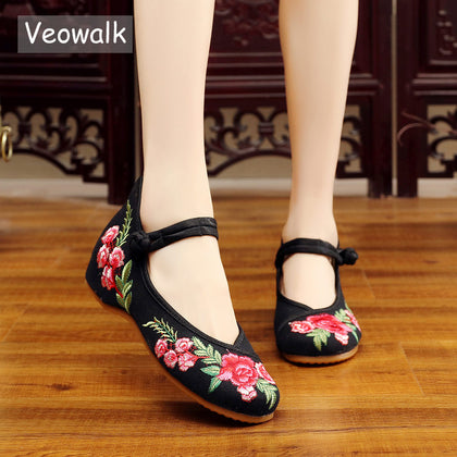 Veowalk Handmade Women's Vintage Embroidered Canvas Ballet Flats Ladies Comfortable Chinese Ballerinas Women Embroidery Shoes