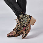 LOOZYKIT  2019 New Autumn Retro Women Embroidery Flower Short Boots Lady Elegant Lace Up Ankle Boots Female Chunky Botas Mujer