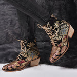 LOOZYKIT  2019 New Autumn Retro Women Embroidery Flower Short Boots Lady Elegant Lace Up Ankle Boots Female Chunky Botas Mujer