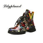 2019 British style graffiti thick with newspaper pattern personality short boots with students large size Martin boots women