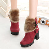 Square heel women winter shoes classic buckle warm fur snow ladies boots high heels black platform ankle boots women botas VT310