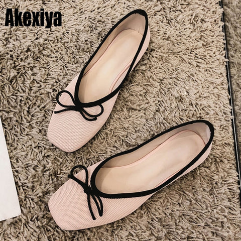 2019 New knitting Ballet shoes Fashion Solid color matching bow square head Ballerina Flats shallow mouth women's single shoes