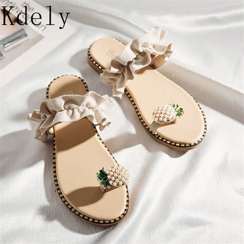 2019 Hot Summer Flat Heel Women Ladies Sandals toe ring Bohemia Sandals With ananas Flat Shoe Outdoor Holiday Slides 35-39